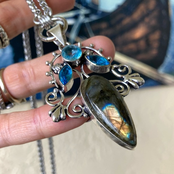 925 Sterling silver overlay natural labradorite sapphire aquamarine necklace - Picture 13 of 16